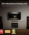 ZD3 Desktop DAC Preamp With HDMI ARC And ES9039Q2M Chip in home stereo setup next to large TV and speakers