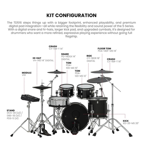 VAD516 V Drums Acoustic Design Electronic Drum Kit Bundle With Audio Cable Drumsticks Drumstick Bag And Austin Bazaar Polishing Cloth For Pro Level Practice And Recording At Home - drum set configuration