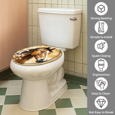 Round Vintage Farmhouse Resin Toilet Seat featuring horse design, installed on a white toilet in a bathroom setting.