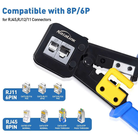 Pass Through RJ45 Crimp Tool Kit All In One Ethernet Crimper for Cat 6 Cat 5e Cat 5 with connectors and wire stripping feature