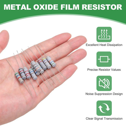 25 Pack 2.4 Ohm 3W Metal Oxide Film Resistors, 5 Percent Tolerance, Axial Lead, Flame Resistant, Great for DIY Electronics Projects, Circuit Experiments, and Prototyping shown in hand