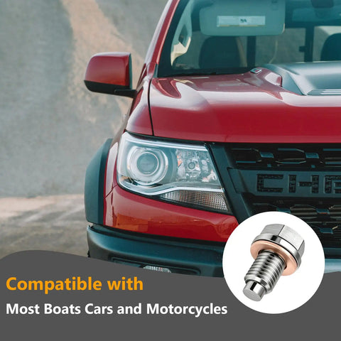 Dude Check This Out M14x1.5 Magnetic Stainless Steel Oil Drain Plug Kit With Copper Gasket For Cars Boats And Motorcycles No Leaks Allowed, red truck