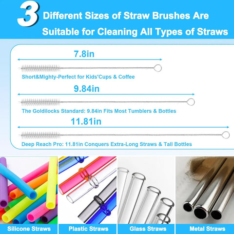 Diagram showing 3 straw cleaner sizes for the 5 In 1 Bottle Cleaning Brush Set With Replaceable Heads And Straw Cleaners