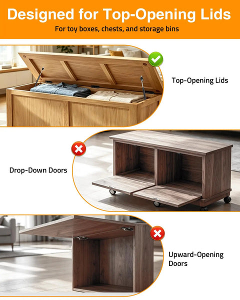 Comparison of top-opening, drop-down, and upward-opening lid mechanisms. Two Pack 15 Inch Toy Box Hinges With 150N Gas Strut For Slow Gentle Close.