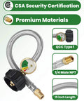 15 Inch RV Propane Hose With Gauge Stainless Steel Camper Heavy Duty Gas Hose For RV Two Stage Regulator 1 Quarter Inch Male NPT And QCC1 Fittings 350 PSI Two Pack featuring CSA certification details
