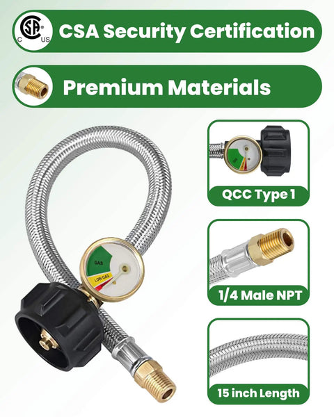 15 Inch RV Propane Hose With Gauge Stainless Steel Camper Heavy Duty Gas Hose For RV Two Stage Regulator 1 Quarter Inch Male NPT And QCC1 Fittings 350 PSI Two Pack featuring CSA certification details