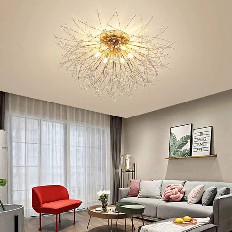 Six Light Firework Sputnik Statement Chandelier Modern Crystal Pendant Lighting Semi Flush Mount 24 Inch LED Gold Finish Fixture For Living Room And Dining Room 4000K Neutral White