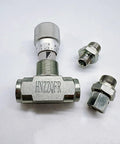 HNZZQFR tubular bidirectional hydraulic flow-control valve with G3/8 threads and L08 connectors, front view
