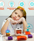 Child with Awesome Hands On Science Kit For Kids With 177 Plus Projects Circuit Exploration Set, wearing gloves and goggles.