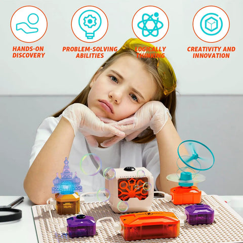 Child with Awesome Hands On Science Kit For Kids With 177 Plus Projects Circuit Exploration Set, wearing gloves and goggles.
