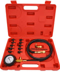 Oil pressure tester kit in red carrying case with 0-140 PSI gauge, hoses, and brass fittings (front view)