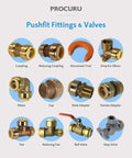 Assorted pushfit fittings and valves, including elbows and adapters, compatible with 10 Pack Push-To-Connect 3/4 Inch Brass 90 Degree Elbow Plumbing Fitting For Copper PEX CPVC PE-RT Pipes Quick Install No Tools Soldering Glue Or Torch Needed