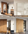Solid As A Rock Concealed Sliding Barn Door Hardware Kit in various rooms including wardrobe, shower, storage, and kitchen.