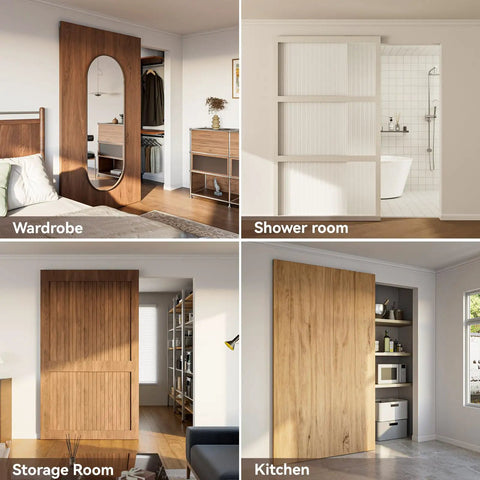 Solid As A Rock Concealed Sliding Barn Door Hardware Kit in various rooms including wardrobe, shower, storage, and kitchen.