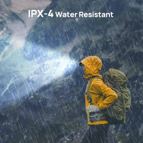 Person hiking in rain wearing Rechargeable LED Headlamp With 1000LM T6 LED Zoomable Headlight 4 Modes 240 Degree COB Beam