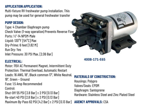 Revolution 4008 171 E65 RV Fresh Water Pump 115V AC Quiet Automatic Demand Diaphragm Bypass Pump 3.0 GPM 55 PSI with specifications