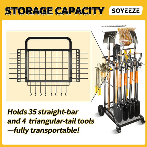 Heavy Duty 3 Tier Garden Tool Organizer With Large Wheels Yard Tower Rack For Garage Holds Up To 35 Long Handled Tools And 12 Hooks