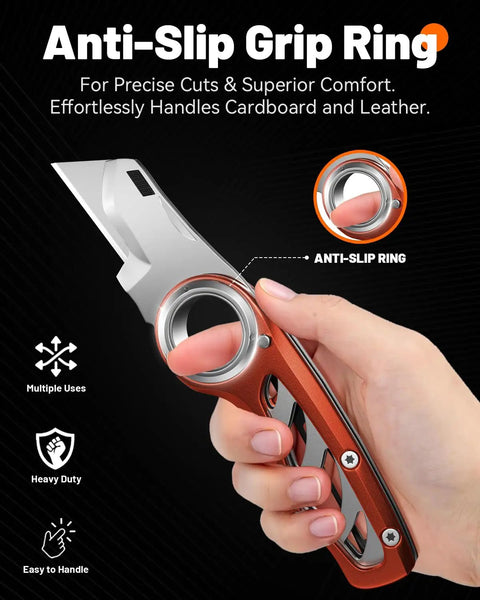 Badass Folding Utility Knife With Secure Finger Loop And Quick Swap Razor Blades For Heavy Duty Box Cutting On The Job Or Around The Workshop And Basement, showing anti-slip grip ring.