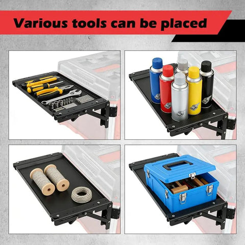 Foldable Magnetic Work Table For Packout System with tools, bottles, wires, and toolbox on black foldable surface