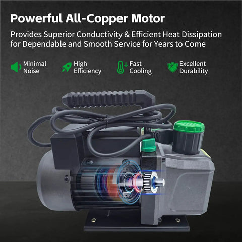 Heavy Duty One Third Hp Hvac Vacuum Pump And Four Way Ac Manifold Gauge Kit With Digital Leak Detector For R134a R410a Auto Ac Service That Gets The Job Done No Sweat showing all-copper motor.