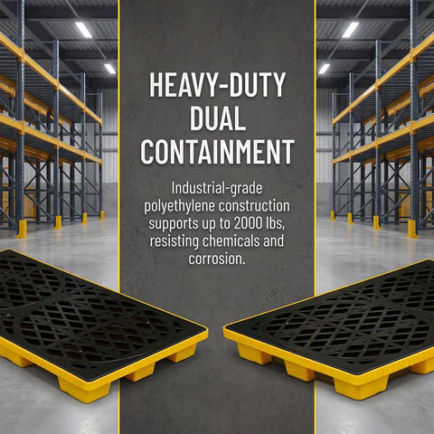 Heavy Duty Two Drum Spill Containment Pallet With Drain Outlet And Forklift Slots 48 By 24 By 4 Inch in warehouse setting