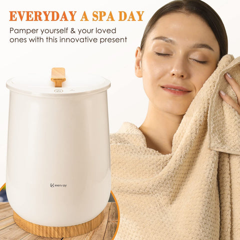 Woman enjoying cozy warmth with Ultra Large Bucket Towel Warmer For Bathroom With Auto Shut Off, fits oversized towels, white