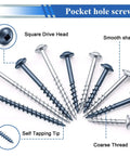 All In One Pocket Hole Screws Set For DIY Woodworking, 840Pcs, Blue And Zinc Coated, Square Drive, sizes shown, Kreg Compatible