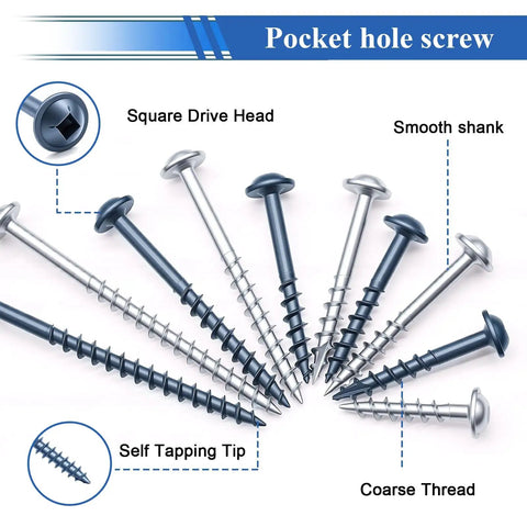 All In One Pocket Hole Screws Set For DIY Woodworking, 840Pcs, Blue And Zinc Coated, Square Drive, sizes shown, Kreg Compatible