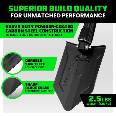 Folding Survival Shovel With Pick And Hoe 3 In 1 Tough As Nails Heavy Duty Carbon Steel Entrenching Tool showing sharp edges and saw teeth.