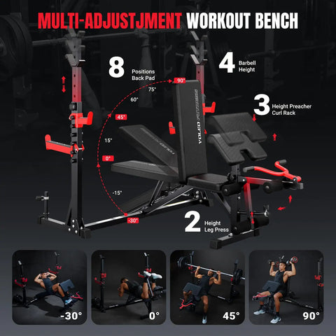 Multi-adjustment settings on Beefy 1980 Lb Weight Bench With Wide Grip Rack For Home Gym Bench Press Set Leg Extension Preacher Curl Flat Incline