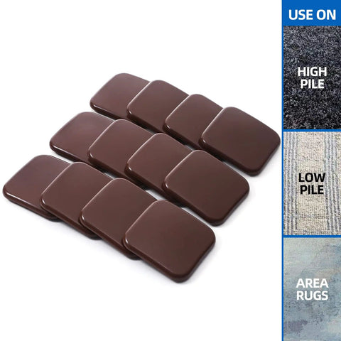 12 Piece 3 Inch Square Carpet Furniture Sliders Kit For Moving Heavy Furniture Easy Glide On Carpets Protect Carpet Surface Durable Heavy Duty Movers Reusable displayed with examples of use on different types of carpets.