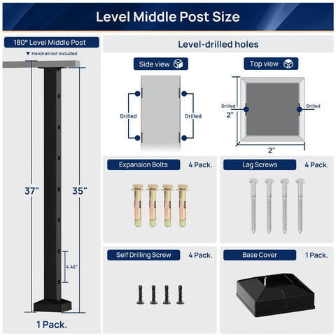 Flat Out Durable Aluminum Railing Post 35 X 2 X 2 Inch Middle Brace For Horizontal Deck Guard Rails detailed dimensions and component listing.