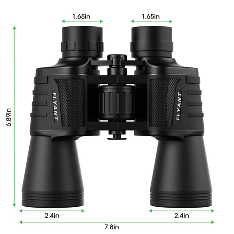 Front view of black 20x50 High Power Waterproof Binoculars For Adults with dimensions labeled for durability and use