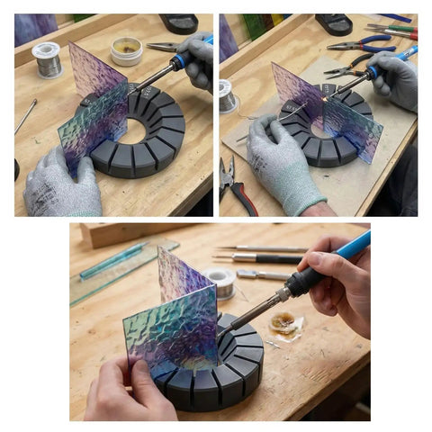 Hands using the Zero Stress Stained Glass Soldering Station, aligning glass pieces at precise angles for soldering.