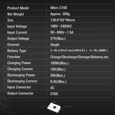 Specifications chart for Imars S100 G Tech Series 100W LiPo Battery Charger With Smart Chip Auto Charge And Auto Stop.