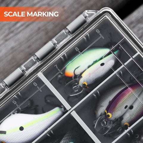 Close-up of HyperSeal Waterproof Tackle Box For 3600 And 3700 Trays With Removable Dividers showing lure storage compartments.
