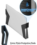 Heavy Duty Under Desk Laptop Mount And Wall Holder Adjustable Metal Bracket showing extra-thick protective pads and recessed screws.