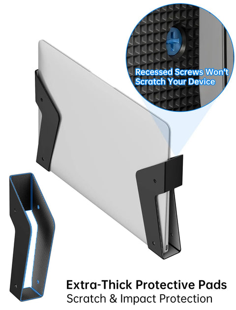 Heavy Duty Under Desk Laptop Mount And Wall Holder Adjustable Metal Bracket showing extra-thick protective pads and recessed screws.