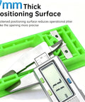 Dead On Hidden Hinge Template With Invisible Door Router Guide For Slick Cabinet Installation showing 7mm thick positioning surface and caliper.