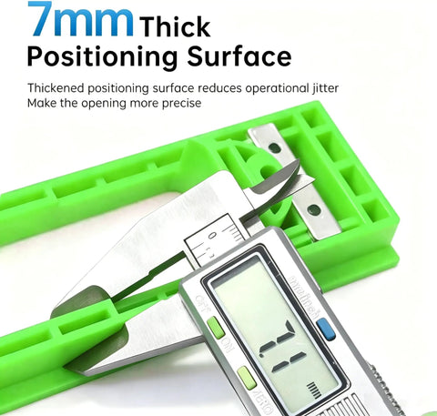 Dead On Hidden Hinge Template With Invisible Door Router Guide For Slick Cabinet Installation showing 7mm thick positioning surface and caliper.