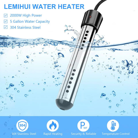 2000W Immersion Water Heater Portable Bucket Heater with LCD Thermometer and Stainless Steel Guard in water