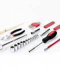56 Piece Compact Metric Auto Tool Set in zippered case showing sockets, pliers, hex keys, tire gauge, and bits for roadside repairs.