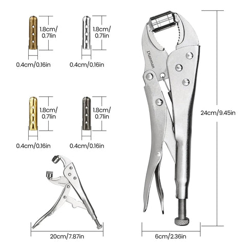 Aglet Crimping Tool For Shoelaces Metal Lace Tips Replacement Kit with dimensions and metal aglets shown in four colors