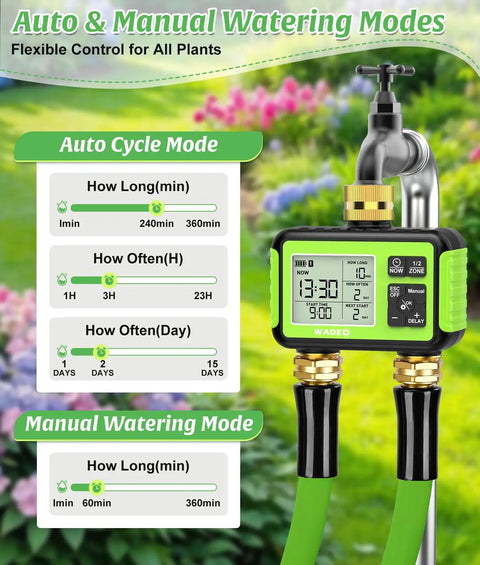 Brass Inlet And Outlet Sprinkler Timer For Garden Hose, 2 Zone Outdoor Water Timer With Rain Delay No Fuss Auto Manual Child Lock, showing display and controls