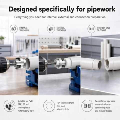 All in One DIY Friendly Pipe Thread Cutting Tool Kit With Internal And External Threading Includes Half Inch Three Quarter Inch And One Inch Threaders Quarter Inch Hex Shank Electric Drill Compatible Works On PPR PVC Plastic MPP And Metal used for internal and external pipe threading