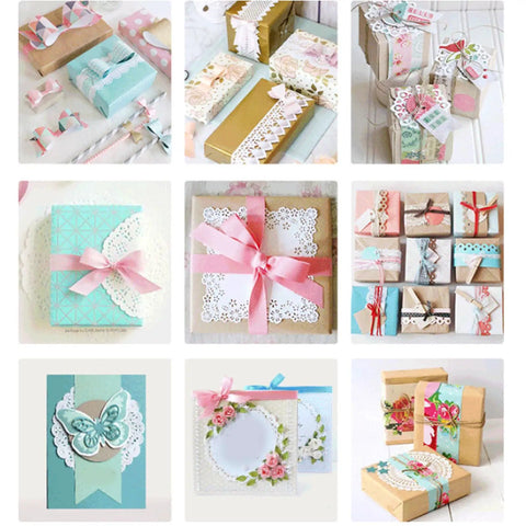 Nine DIY gift-wrapped boxes using All In One Border Punch Embossing Tool For Scrapbooking And Card Making, floral and ribbon designs