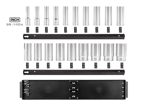 Heavy-Duty Half Inch Drive Deep 6 Point Socket Set With Rails And Tray, 19-Piece, From 3/8 Inch To 1-1/2 Inch, displayed on tray
