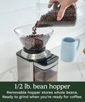 Electric Burr Coffee Grinder With One Touch Automation And Eighteen Position Grinding Dial For Hella Precise Fresh Beans, removable 1/2 lb. hopper with coffee beans.