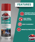 Anti Spatter Welding Spray 2 Pack, 12 Oz Each, Non Flammable, MIG And TIG Safe, Shields Workpieces From Spatter, Keeps Surfaces Clean, Dries Quick, Built For Pro Weld Shops. Image shows a spray can with product features listed alongside.