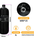 4500 Psi Carbon Fiber Scuba Tank 2L 122 Cu In 2000cc High Pressure Cylinder For Deep Sea Diving Snorkeling Water Sports And PCP Air Rifle Use Pro Grade Gear Ready, showing size and specifications.